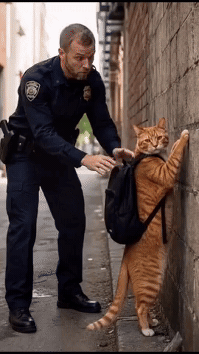 Police Officer Petting Cat With Backpack GIF
