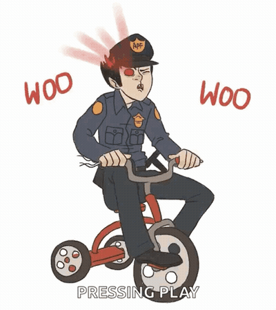 Police Officer Riding Tricycle Pressing Play GIF