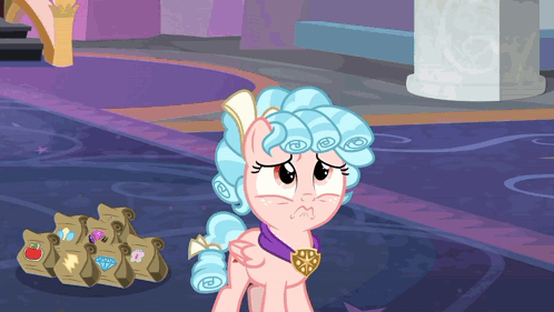 Pony Standing In Front Of Papers Saying Diamonds GIF