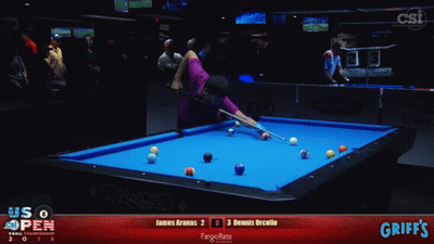 Pool Table With Blue Cloth And Man Holding Cue GIF
