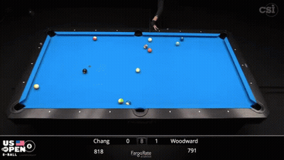 Pool Table With Blue Cloth Saying US Open GIF