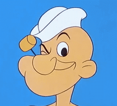 Popeye The Sailor Is Wearing A White Hat And Holding A Microphone In His Mouth . GIF