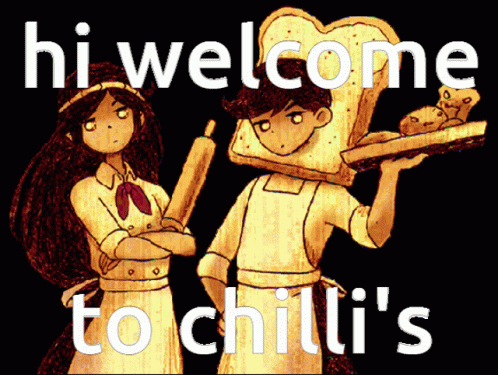 Poster Saying Hi Welcome To Chili's With Girl And Boy GIF