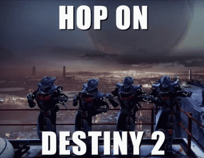 Poster Saying Hop On Destiny 2 With Soldiers On Balcony GIF