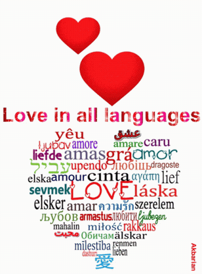 Poster Saying Love In All Languages With Two Hearts GIF