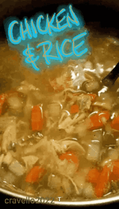 Pot Of Chicken And Rice Soup With Spoon GIF
