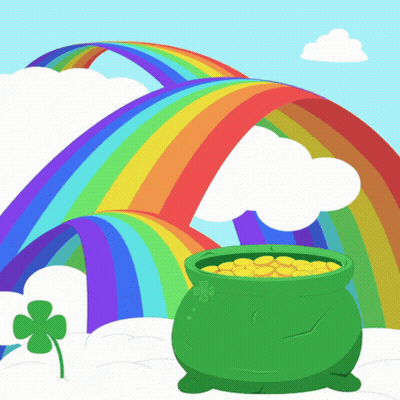 Pot Of Gold In Front Of Rainbow And Clouds GIF
