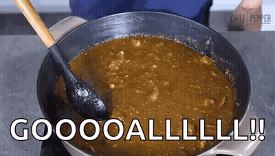 Pot Of Stew With Spoon Saying Gooooalllll GIF