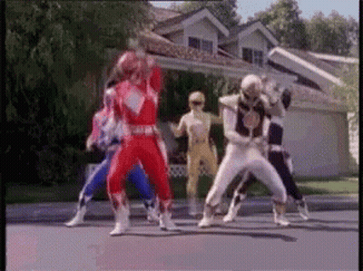 Power Rangers Dancing In Front Of A House GIF