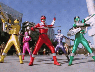 Power Rangers Standing In Line With Weapons GIF