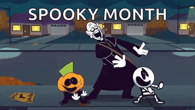 Priest Pumpkin And Skeleton Dancing On Sidewalk GIF