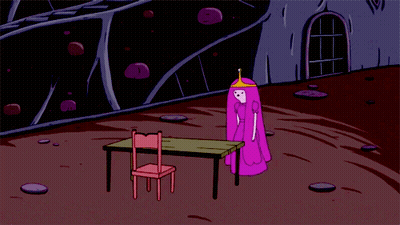 Princess Bubblegum From Adventure Time Is Standing Next To A Chair And A Door GIF