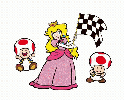 Princess Peach Is Holding A Checkered Flag With Two Toads GIF