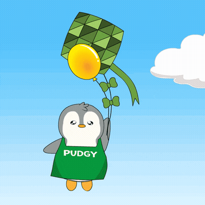Pudgy Cartoon Penguin Holding Kite And Yellow Balloon GIF