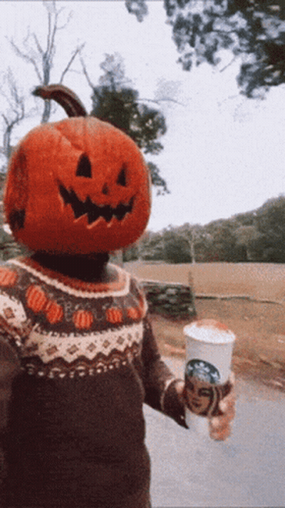 Pumpkin Head Person Holding Starbucks Hot Chocolate GIF