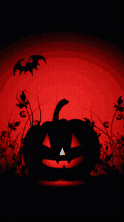Pumpkin Silhouette With Bats And Flowers GIF
