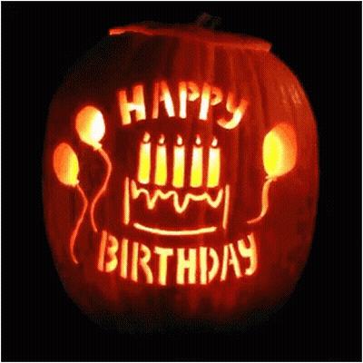 Pumpkin With Candles And Balloons Says Happy Birthday GIF