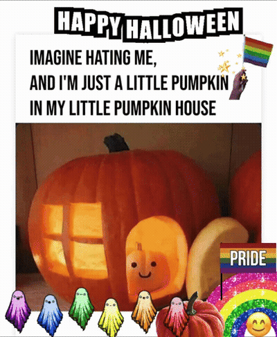 Pumpkin With Carved Face Surrounded By Ghosts Saying Happy Halloween GIF