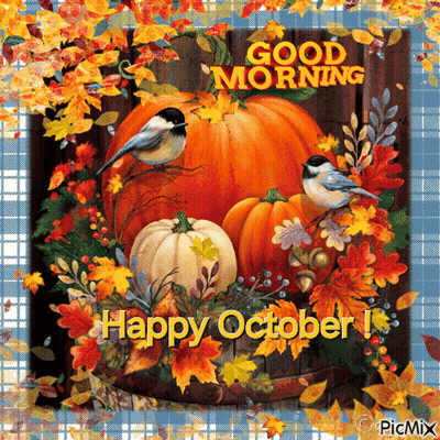 Pumpkins And Leaves Good Morning Happy October GIF