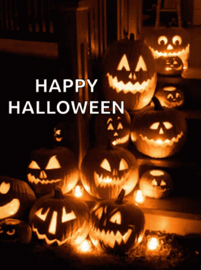 Pumpkins With Carved Faces Saying Happy Halloween GIF