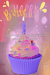 Puple Cupcake Happy Birthday Sis GIF