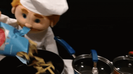 Puppet Chef Cooking Penne Pasta GIF