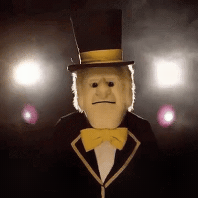 Puppet In Top Hat And Bow Tie Standing In Dark Room GIF