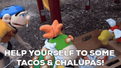 Puppet Next To Stuffed Animal Saying Help Yourself To Some Tacos & Chalupas GIF