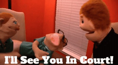 Puppet Saying I'll See You In Court With Another Puppet Looking Out Window GIF
