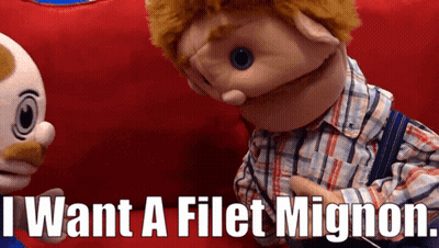 Puppet Saying I Want A Filet Mignon Next To Pig Puppet GIF