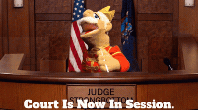 Puppet Sitting At Judge Bench Court Is Now In Session GIF