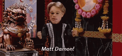 Puppet Standing In Front Of Lion Statue Says Matt Damon GIF