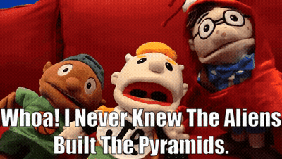 Puppets On Red Couch Say Whoa Aliens Built Pyramids GIF