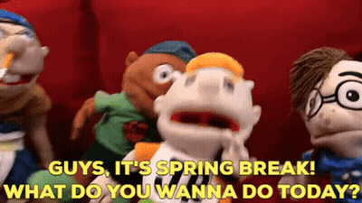 Puppets On Red Couch Saying Guys It's Spring Break GIF