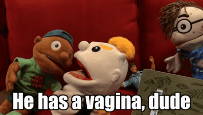 Puppets On Red Couch Saying He Has A Vagina Dude GIF