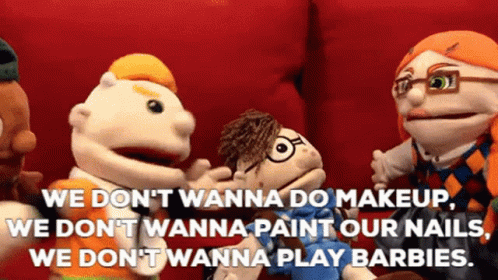 Puppets on Red Couch Saying We Don't Wanna Do Makeup