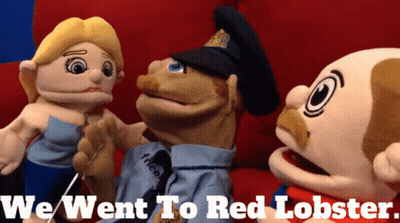 Puppets On Red Couch Saying We Went To Red Lobster GIF