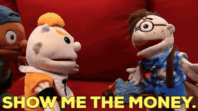 Puppets Sitting On Red Couch Saying Show Me The Money GIF