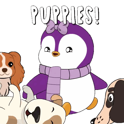 Puppies Surrounded By Purple Penguin Sticker