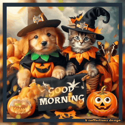 Puppy And Kitten In Halloween Costumes Holding Good Morning Sign GIF