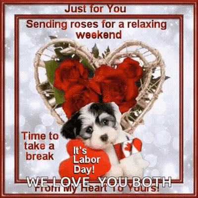 Puppy Holding Red Heart In Front Of Heart-Shaped Rose Basket GIF