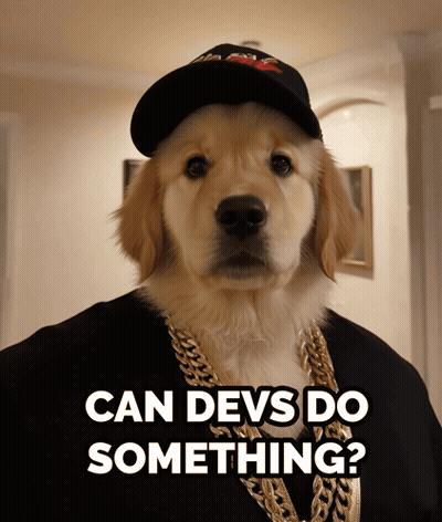 Puppy With Hat And Gold Chain Saying Can Devs Do Something GIF