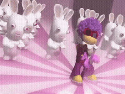 Purple Afro Cartoon Character Dancing With Rabbits GIF
