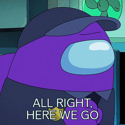 Purple Among Us Character With Hat Saying All Right Here We Go GIF