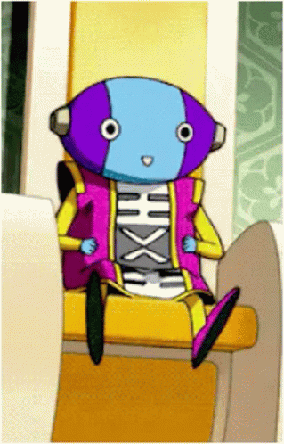 Purple And Blue Cartoon Character Sitting On Chair With HX On Chest GIF