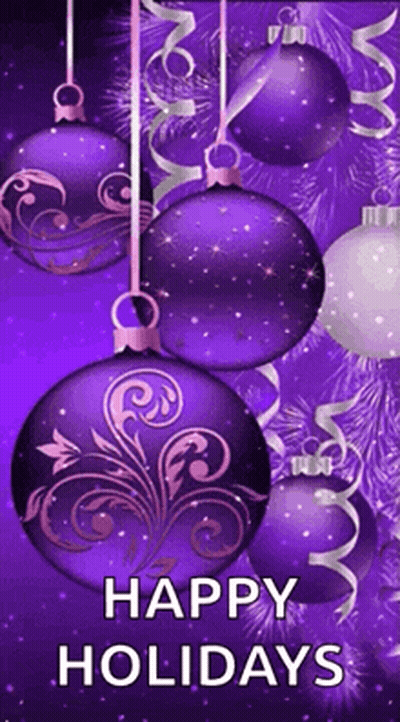 Purple And White Christmas Card With Ornaments Happy Holidays GIF
