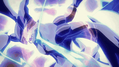 Purple and White Graphic With Blue Lightning Bolt