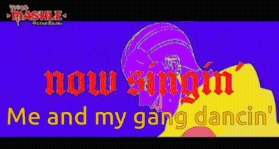 Purple And Yellow Graphic Now Singin Me And My Gang Dancin GIF