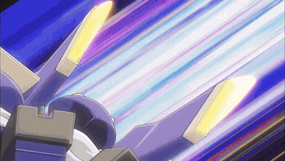 Purple And Yellow Robot Flying Through Blue Sky GIF