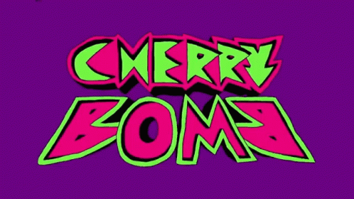 Purple Background With Cherry Bomb In Green And Pink GIF